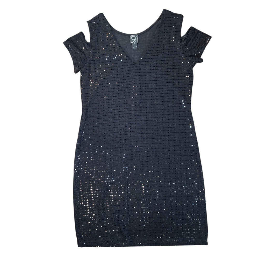 Clara Sunwoo Black Sequin Cold Shoulder V-Neck Mini Dress‎ Sm Party Made in USA